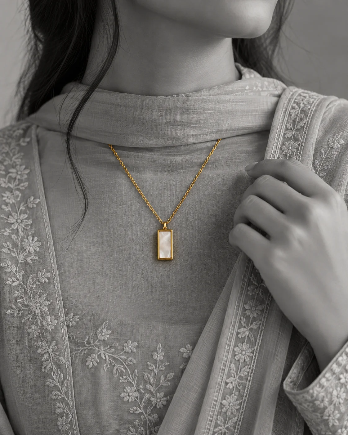 Gold-Tone Rectangular Pearlescent Pendant Necklace, view 2