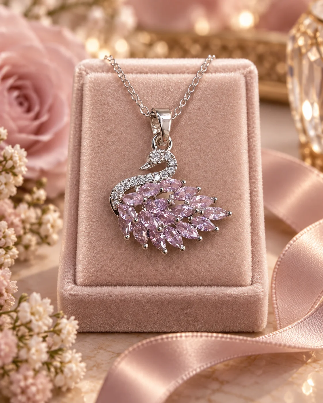 Silver-Tone Pink Crystal Swan Pendant Necklace