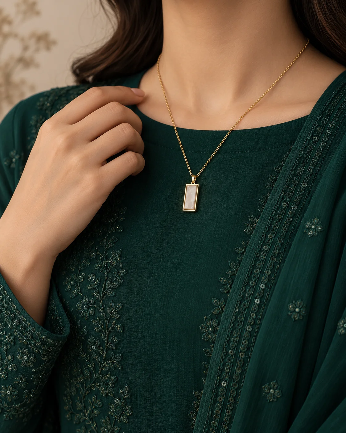 Gold-Tone Rectangular Pearlescent Pendant Necklace, view 3