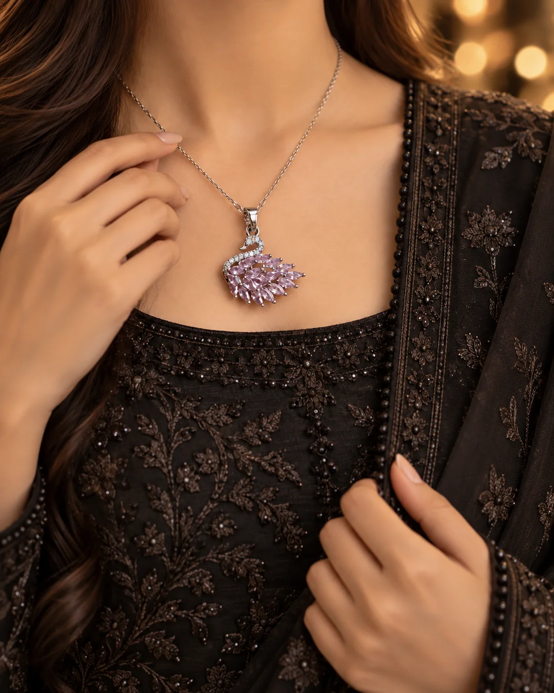 Silver-Tone Pink Crystal Swan Pendant Necklace, view 2