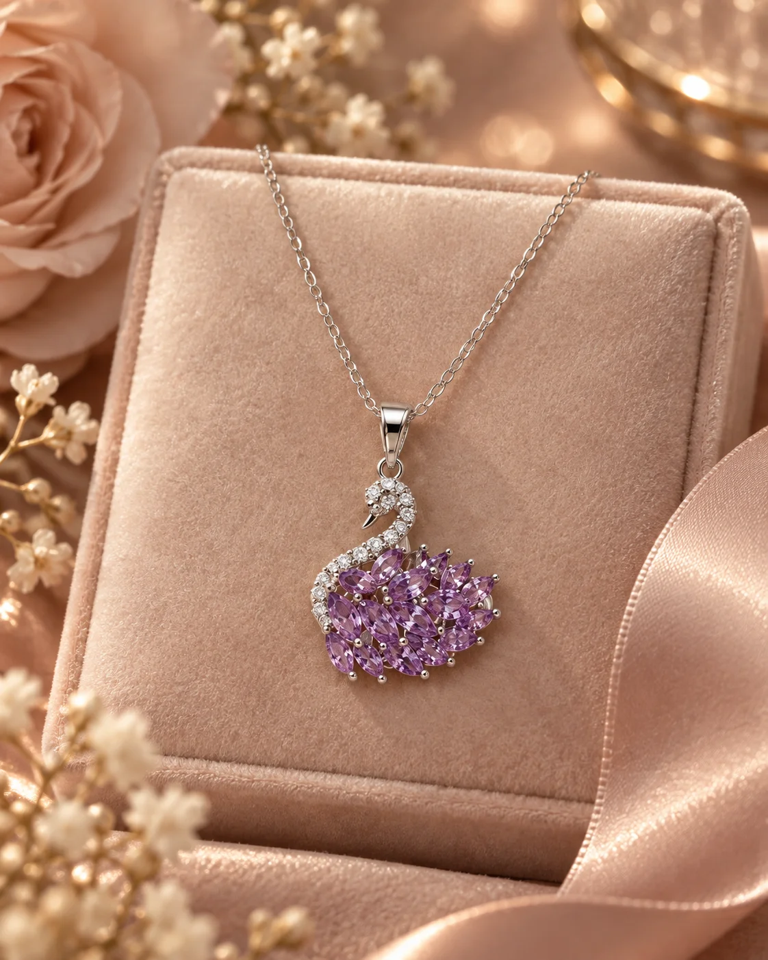 Silver-Tone Purple Crystal Swan Pendant Necklace, view 1